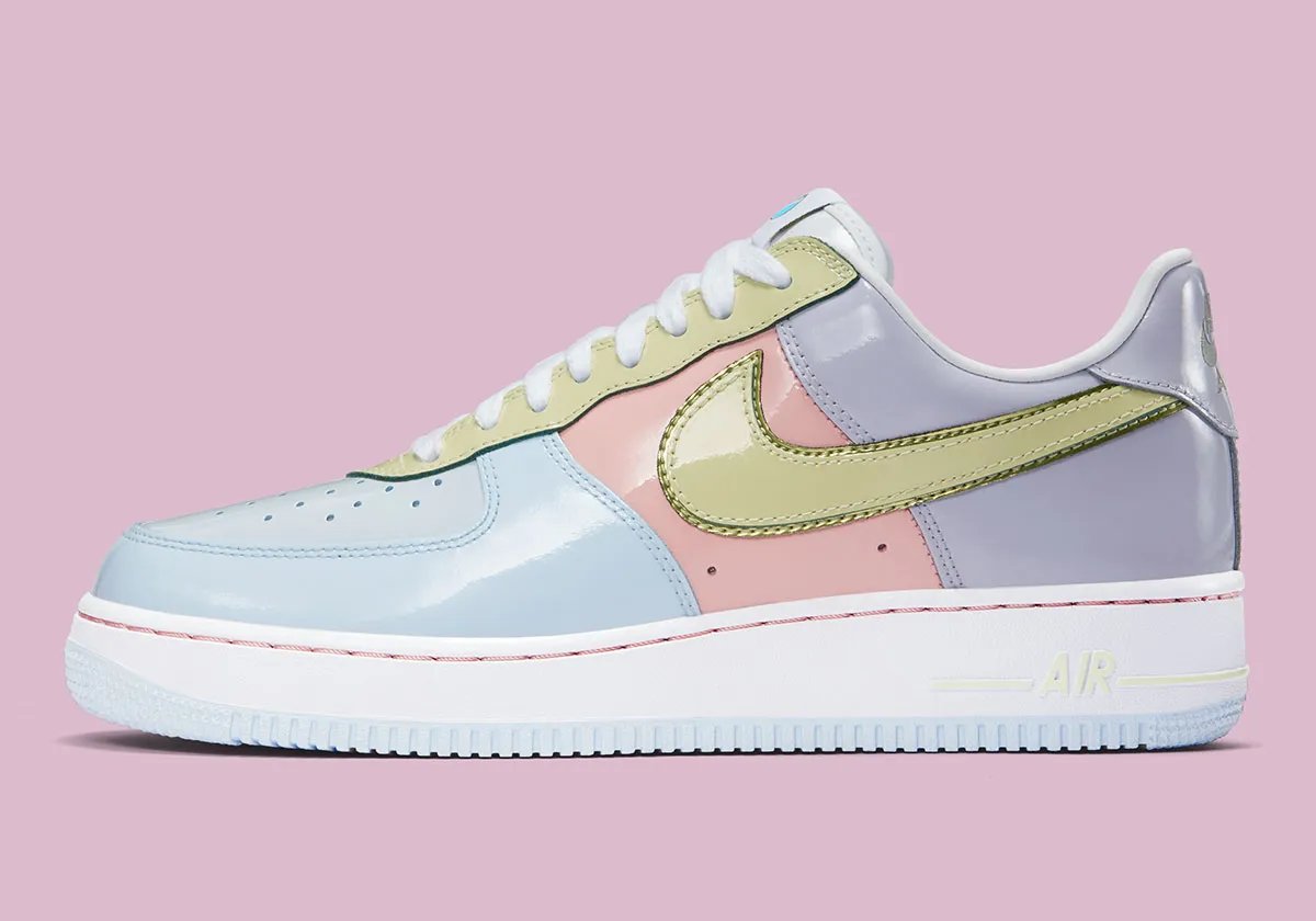 Nike Air Force 1 Low Easter in Titanium blue, Lime Ice green, and Storm Pink patent leather with cracked egg graphic details - detail view 1
