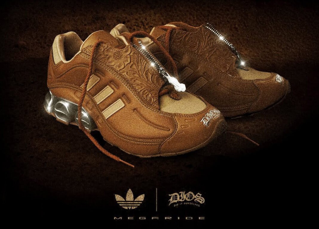 DIOS x adidas Megaride Friends & Family in saddle tan leather with embossed paisley shroud detail