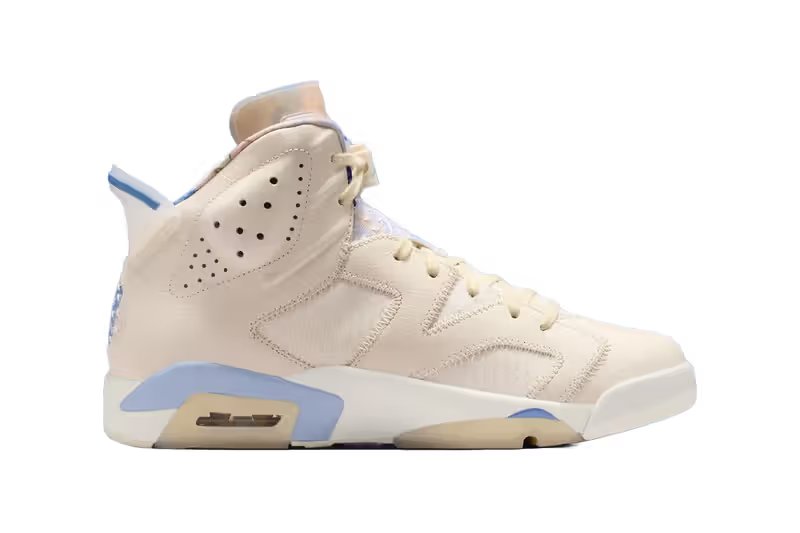 Air Jordan 6 'Sashiko' in pale ivory leather with indigo tie-dye and cross-stitch detailing - detail view 4