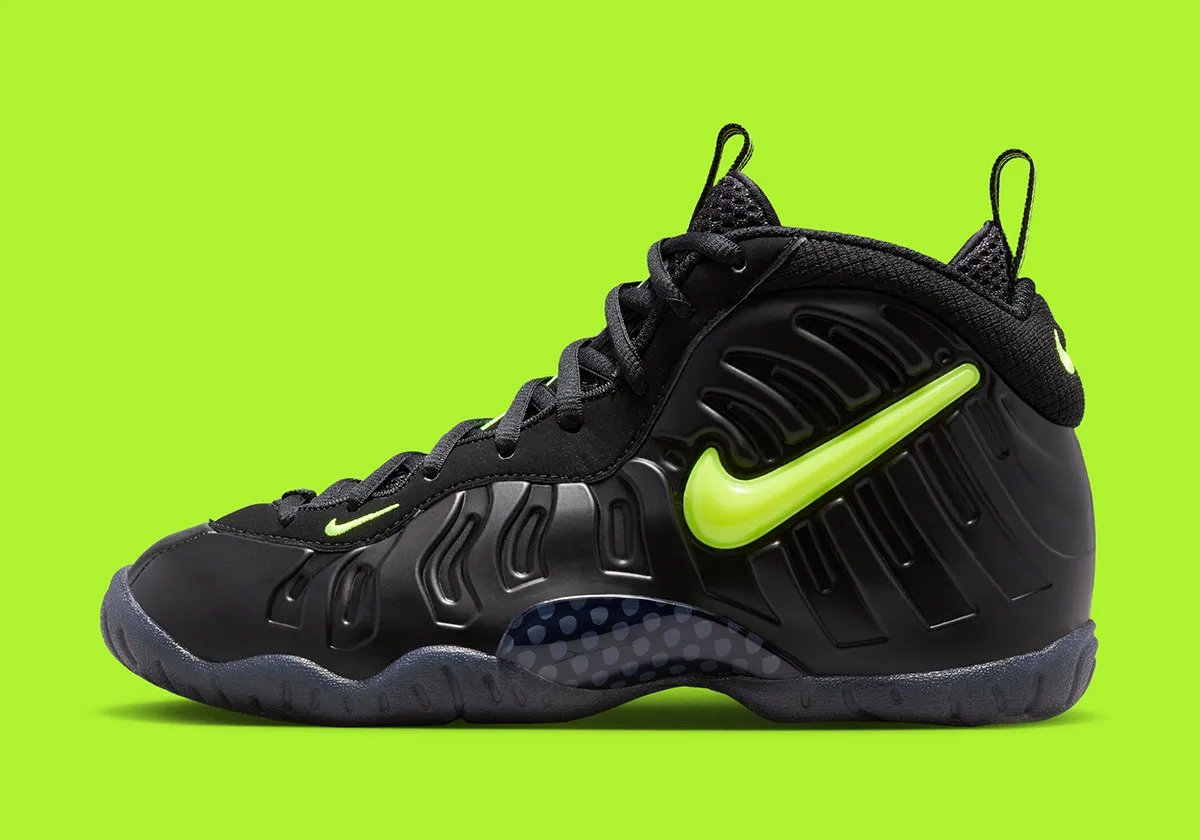 Nike Little Posite Pro Voltage in black with neon Voltage Swoosh, grade school release May 2026 - detail view 1