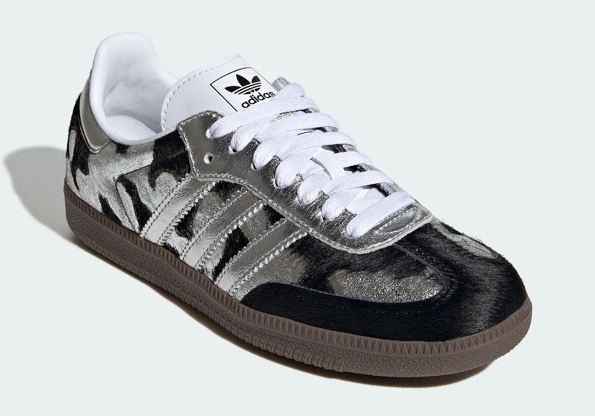 adidas Samba in Cloud White/Silver featuring metallic accents and black and white fur patches on the upper