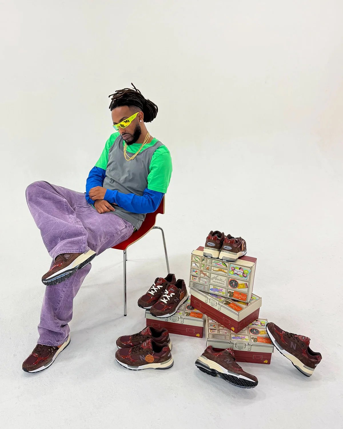 Amine x New Balance 992 Outdoor School in brown suede with red patent leather panels and blue sole accents - detail view 1
