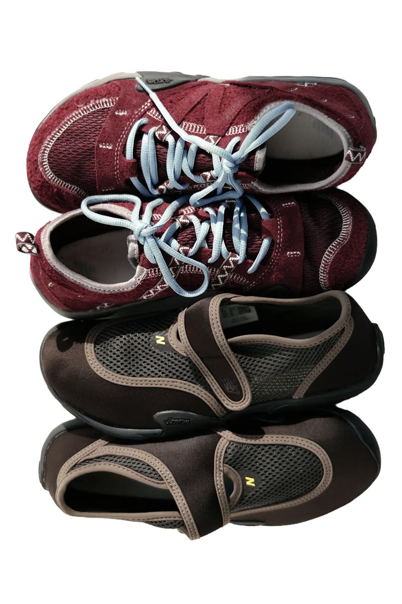sunlovetour x New Balance Minimus MT10 in burgundy red suede and mesh with icy blue laces, part of the Soft Utility collaboration - detail view 2