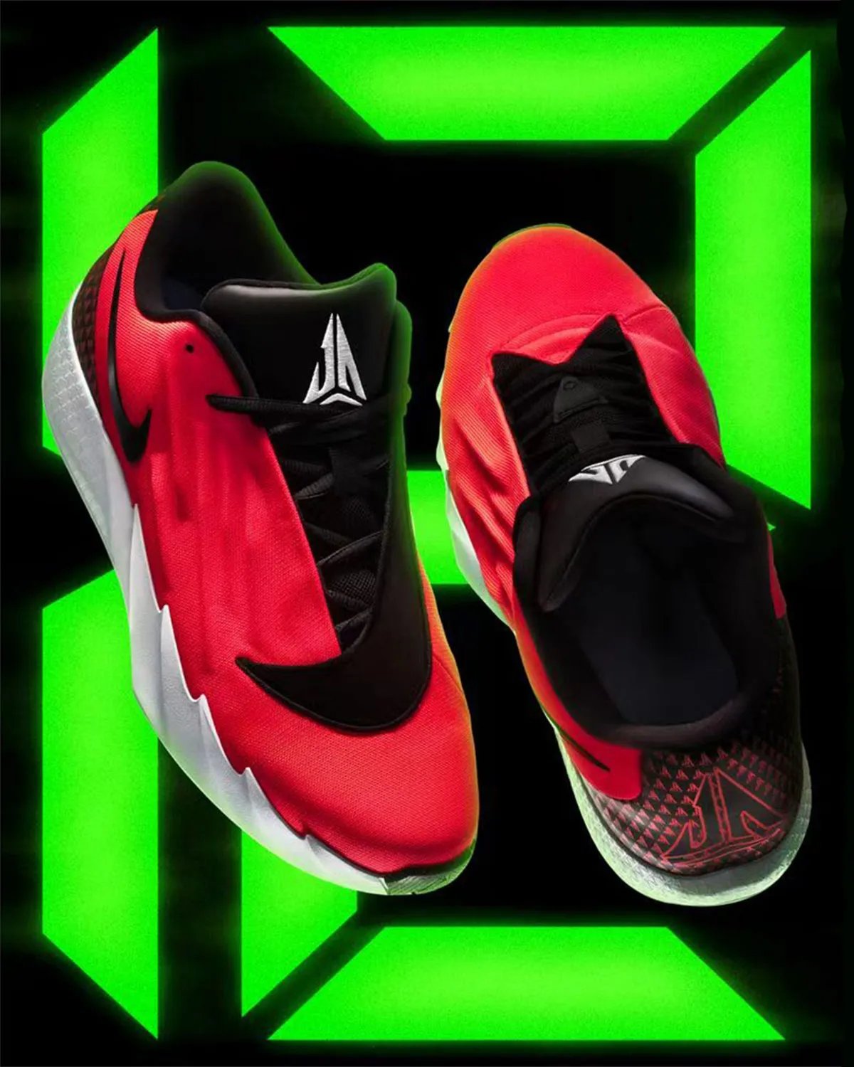 Nike Ja Morant Twelve Time in black, red, and white colorway with asymmetrical lace-stay design and molded sidewall notches - detail view 2