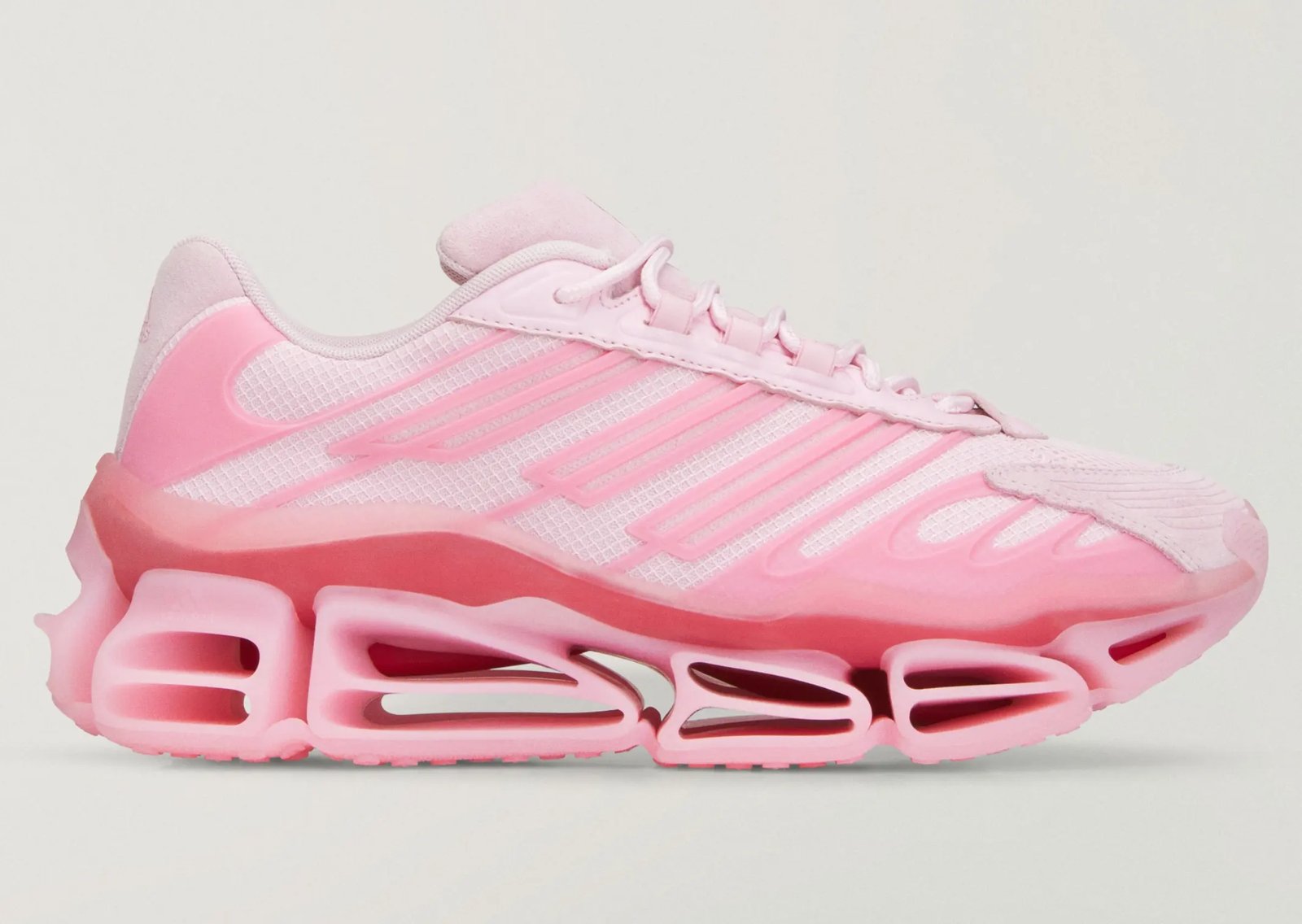 Willy Chavarria x adidas Megaride AG in bubblegum pink with Powder Red midsole support, official product shot from multiple angles - detail view 3