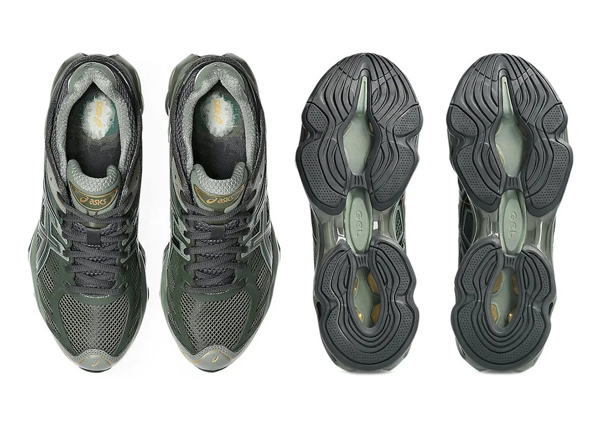 ASICS GEL-Kinetic 2.0 in Olive Green with gold GEL heel cushioning and layered sage side motif - detail view 4