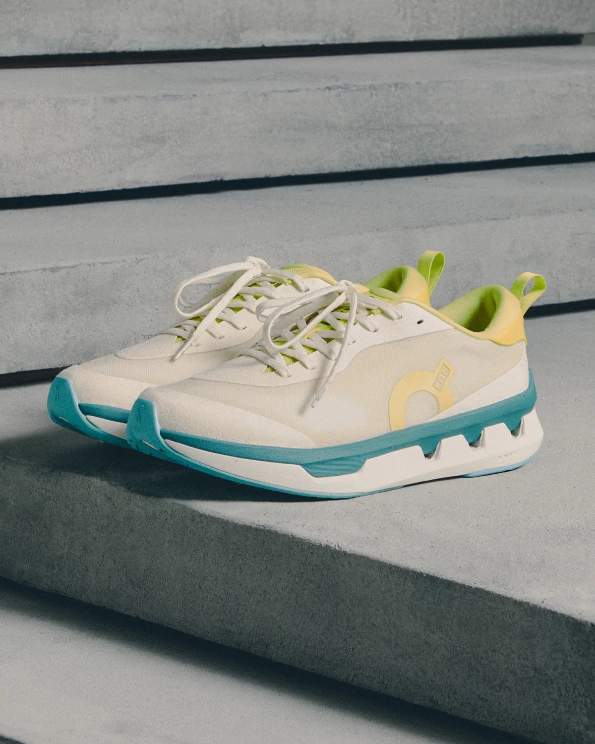 On Running x Kith K-Tech 3 lifestyle shoe in Triple Black and Storm colorways, featuring technical mesh and suede overlays with CloudTec cushioning - detail view 2