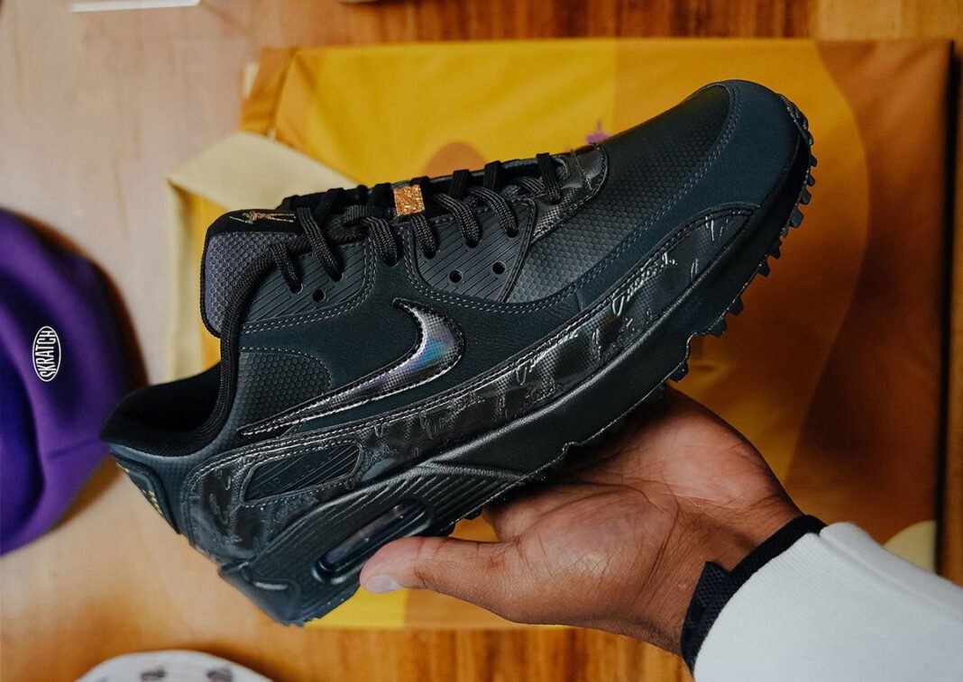 Eastside Golf x Nike Air Max 90 Golf in black with gold accents and honeycomb mesh detailing - detail view 1