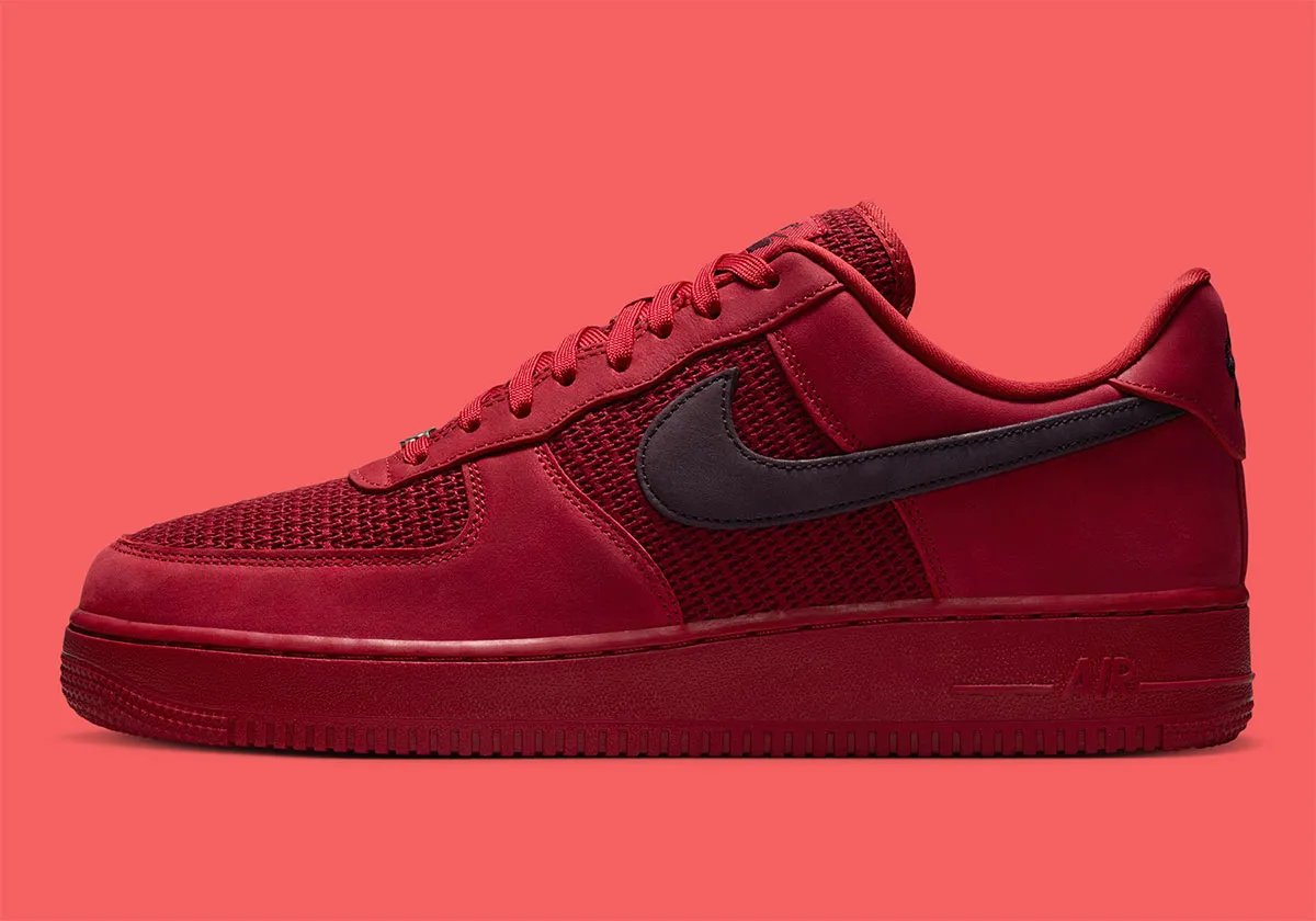 Nike Air Force 1 Low Mesh in Tough Red with dark suede Swoosh and perforated mesh upper - detail view 1