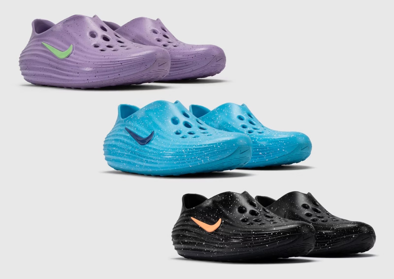 The Whitaker Group x Nike ReactX Rejuven8 Splatter Pack in Blue Drift, Black Signal, and Violet Rush colorways with contrasting paint splatter uppers - detail view 1