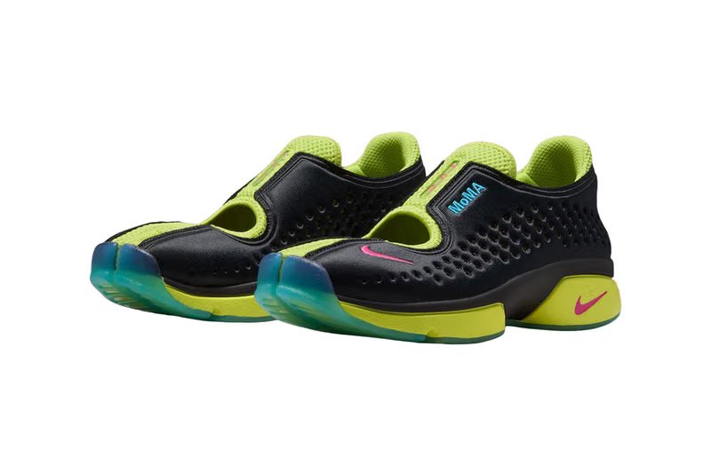 MoMA x Nike Air Rift 2 two-pair pack featuring Hyper Verde/Light Fuchsia and Black/Cyber colorways for Fall 2026 release - detail view 1