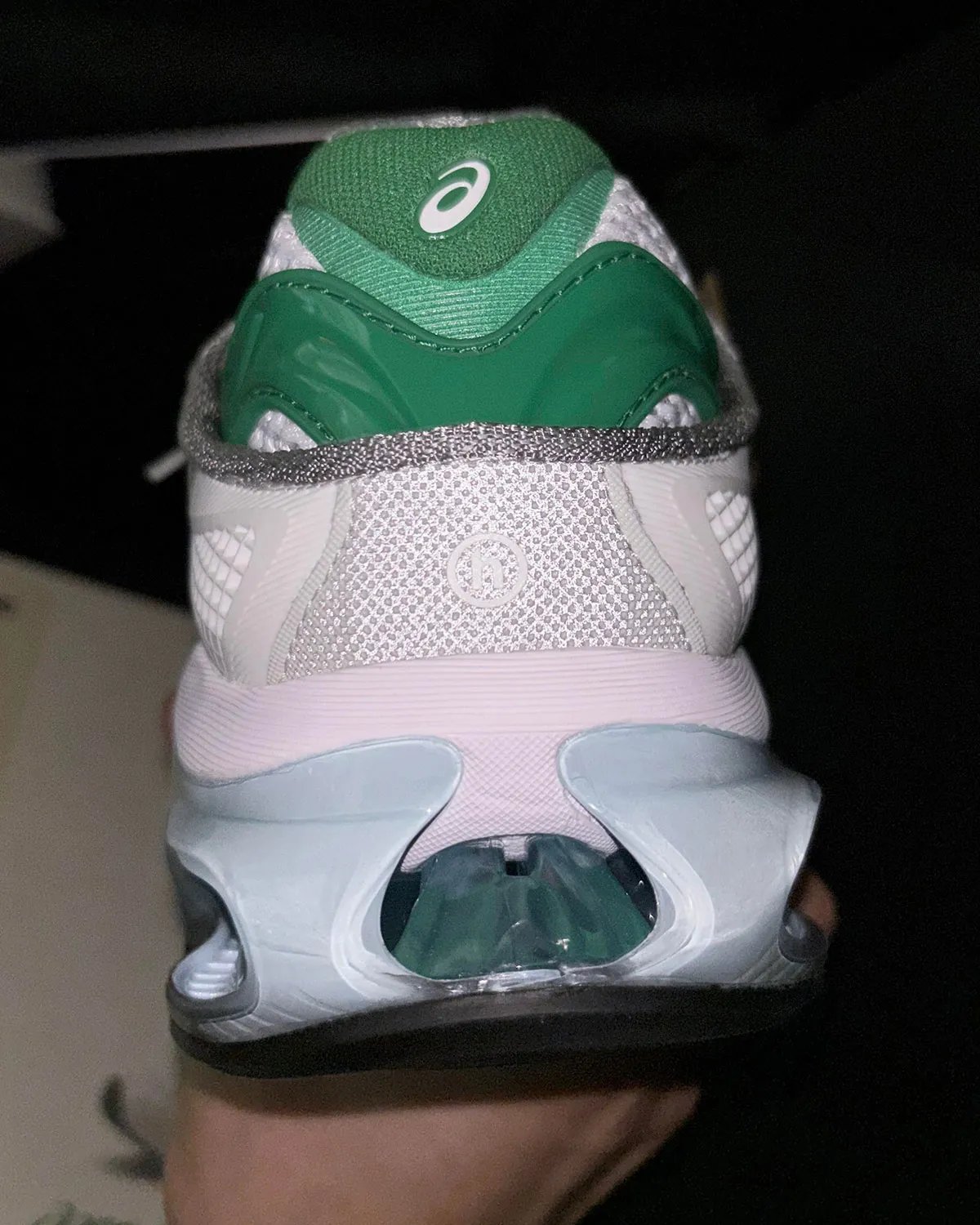 Hidden NY x ASICS GEL-Kinetic 2.0 collaboration featuring white upper with green heel overlay and half-tone ASICS strikes - detail view 3