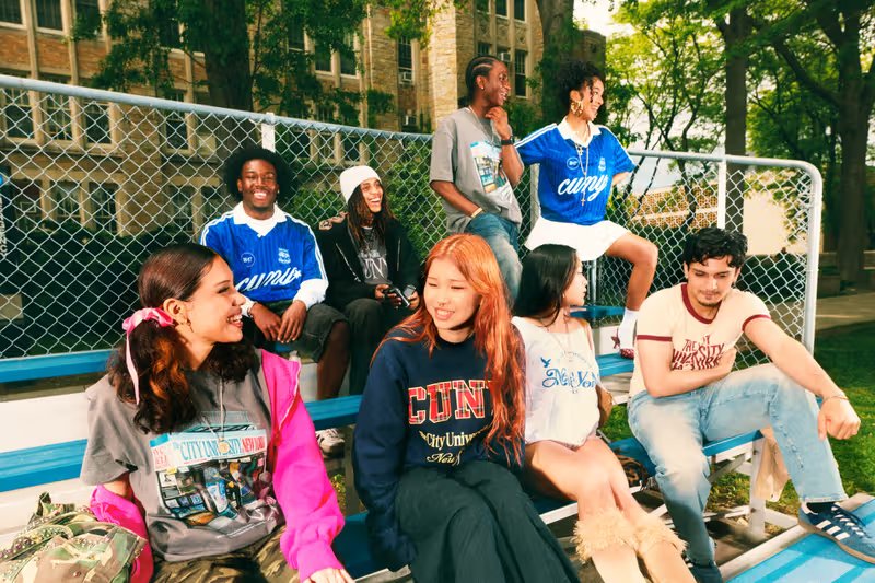 CUNY x adidas NYC by CUNY Spring 2026 collection featuring graphic tees with NYC bodega imagery, denim tote, and campus-inspired crewnecks - detail view 1