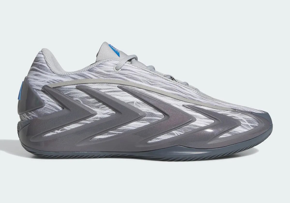 adidas Anthony Edwards 3 Stone Onix in neutral grey and white with blue branding accents