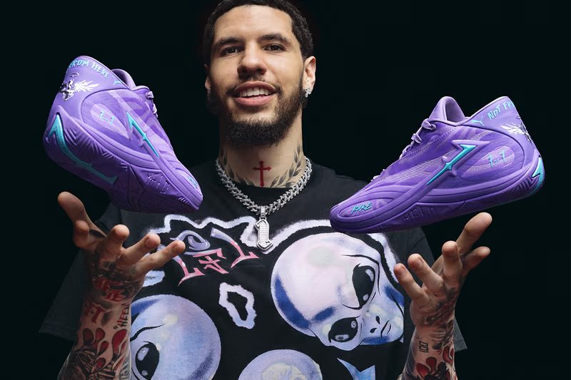 PUMA MB.06 'Shooting Star' in Dark Amethyst and Lavender Alert colorway with blue accents, LaMelo Ball signature basketball shoe - detail view 2