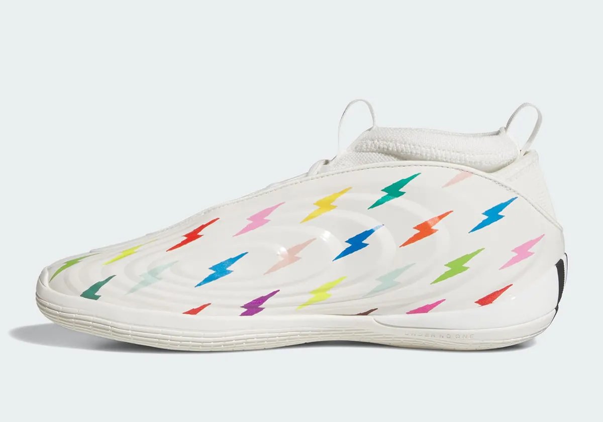 adidas Harden Vol. 10 "Thunderbolt" in white with multicolor lightning bolt graphics, Jalen Williams player exclusive - detail view 2