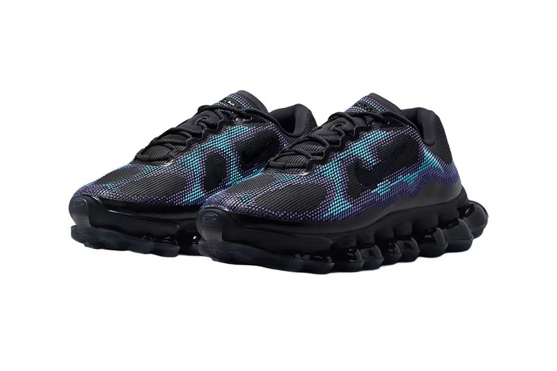 Nike Air Liquid Max Black/Radiant Blue featuring three-layer textured mesh upper with nanoprint design and visible point-loaded Air cushioning pods - detail view 3