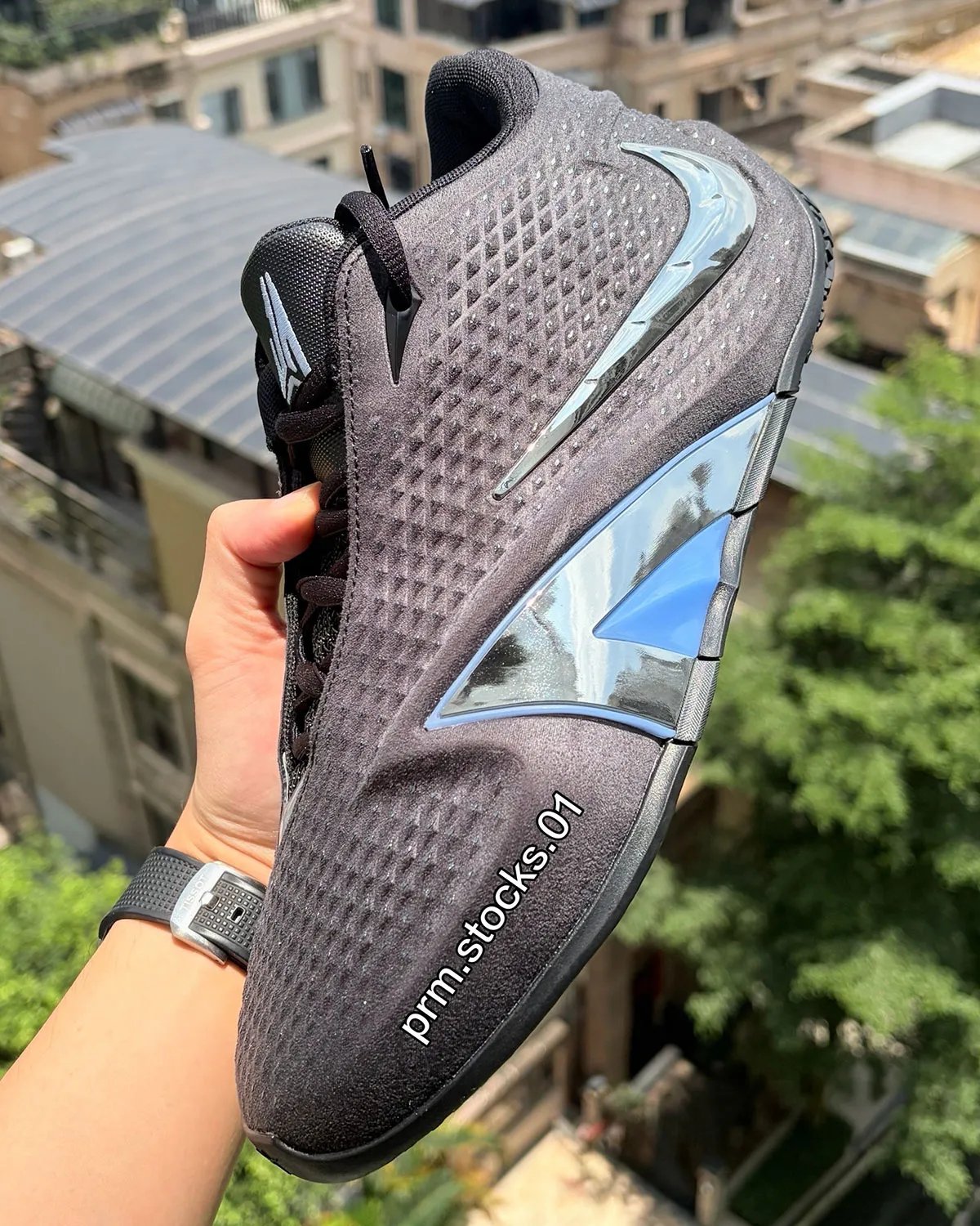 Nike Ja 4 'Dark Mode' in deep grey with chrome metallic 'A' graphic and cobalt accents - detail view 1