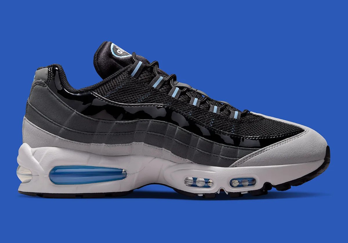 Nike Air Max 95 in Black with grey suede panels and Football Blue Swoosh, showing patent leather side paneling detail - detail view 3