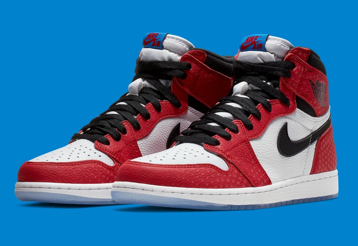 Air Jordan 1 High OG Origin Story in Gym Red, Black, and White with translucent icy outsole and reflective dots, released December 2018 - detail view 3