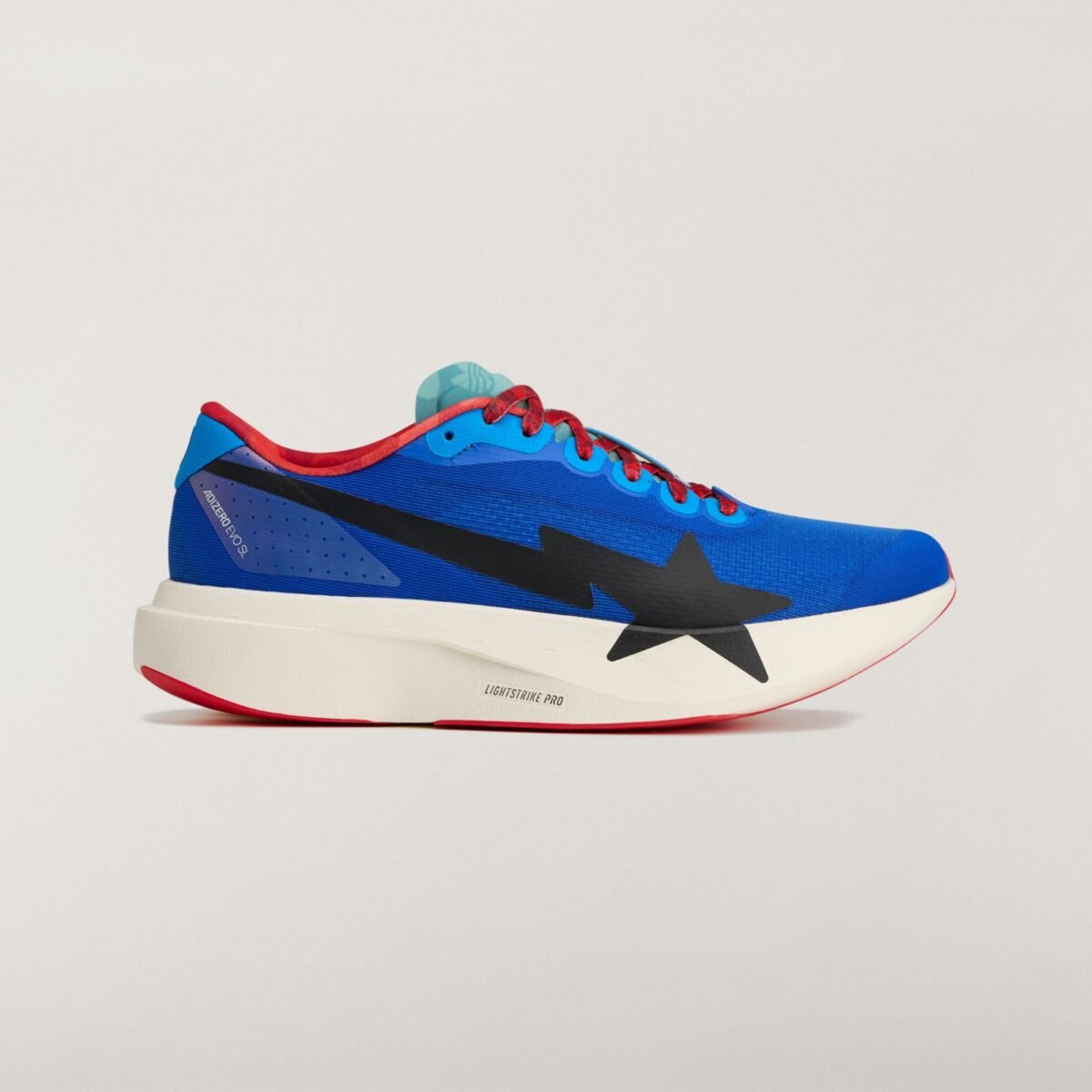 BAPE x adidas Adizero Evo SL in blue colorway, side profile view - detail view 4