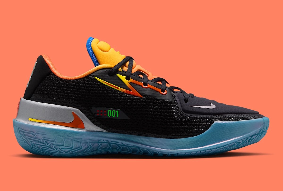 Nike GT Cut 1 in 'Before The Light' colorway by Dylan Harper and TITAN, featuring black mesh upper with orange, yellow, blue, and red accents - detail view 4