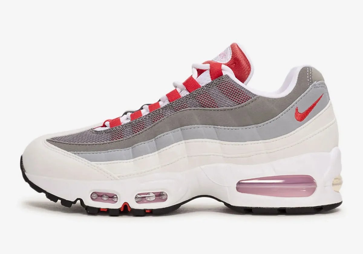 Nike Air Max 95 "Pink Rise" women's sneaker with white midsole, Wolf Grey overlay, and pink Air bubbles - detail view 1