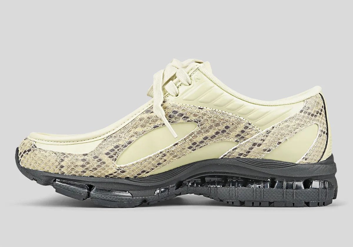 New Balance 1890A moccasin hybrid in pale yellow leather with snakeskin overlays, side profile view - detail view 1