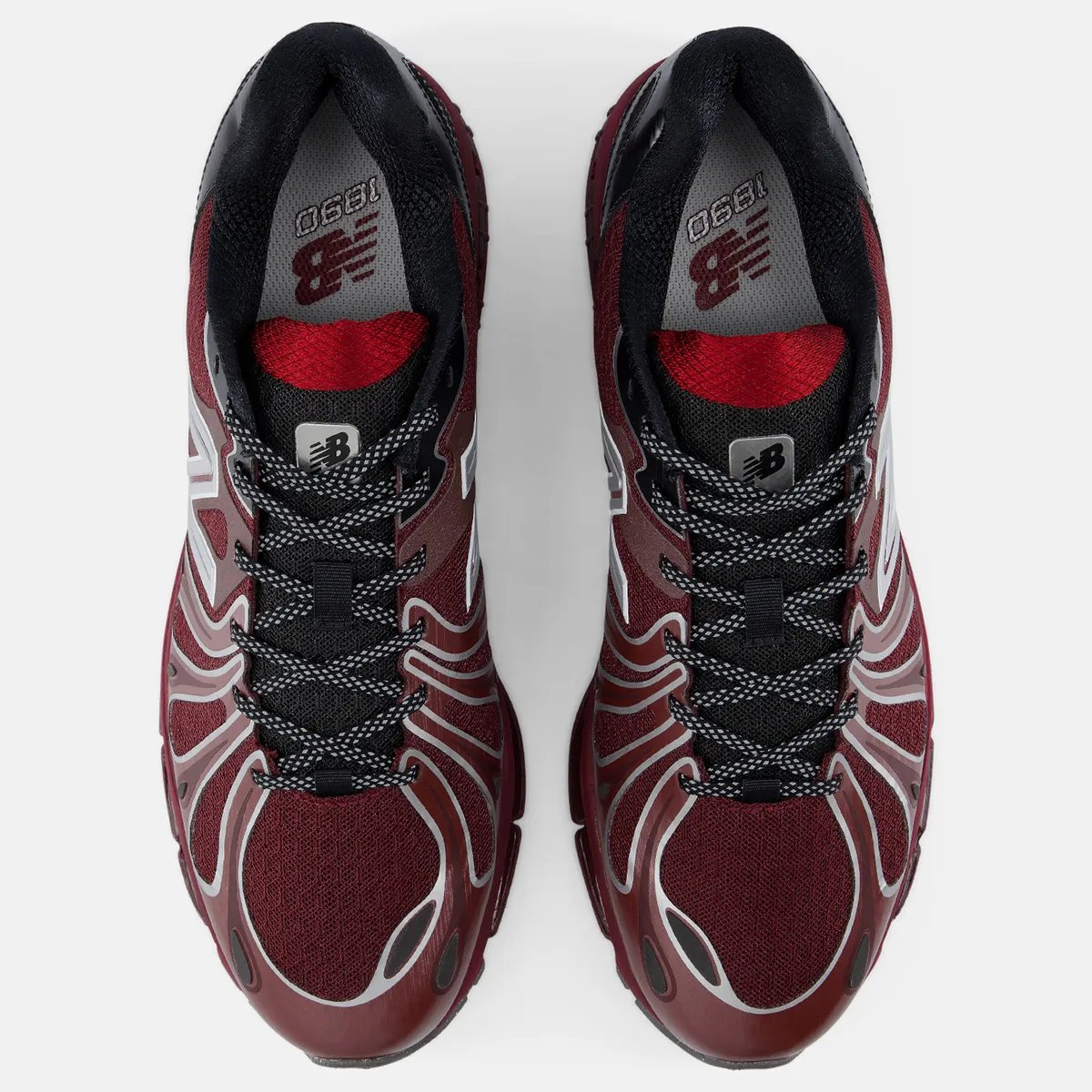 New Balance 1890 Burgundy colorway with jet black heel cage and collar accents - detail view 2