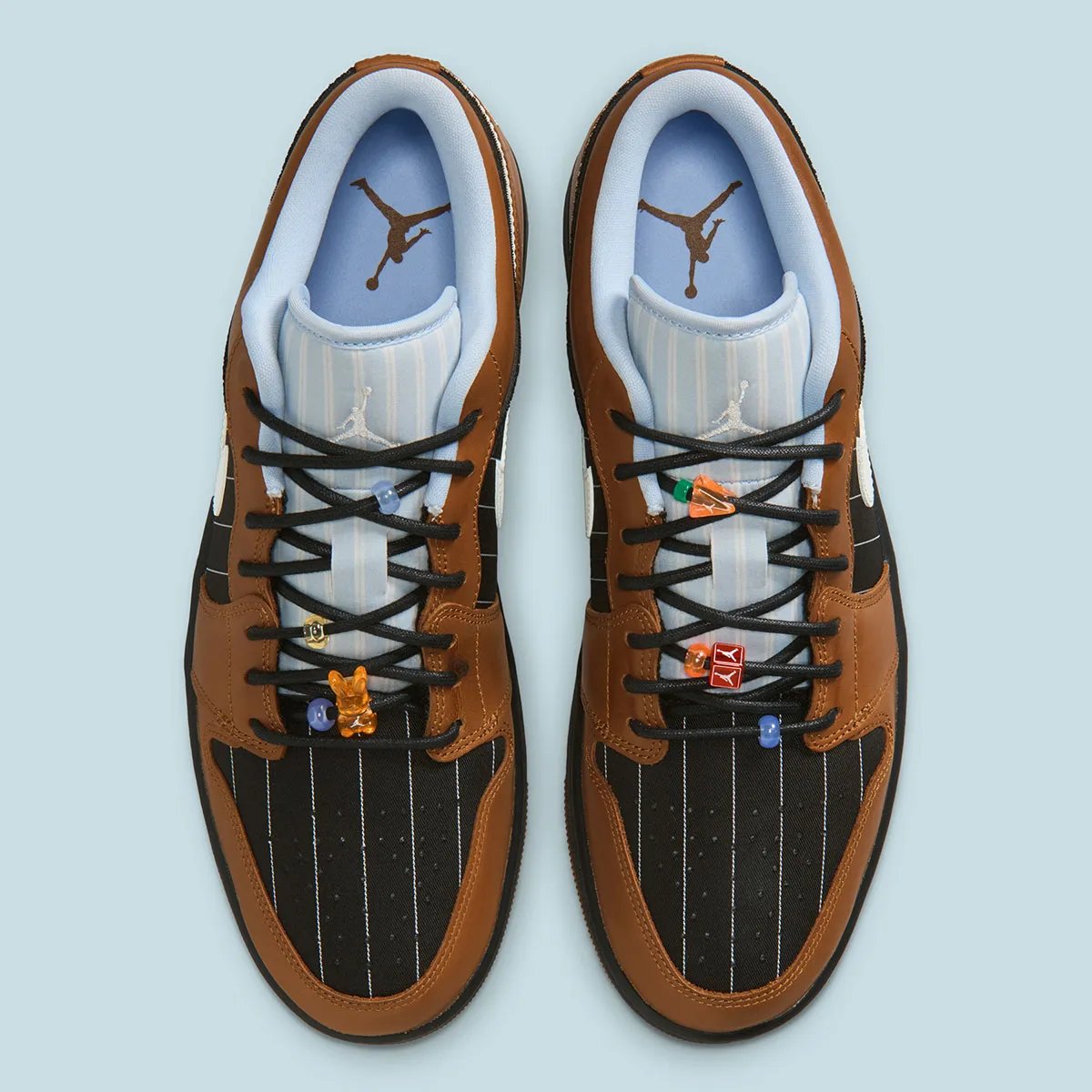 Air Jordan 1 Low in Black and Light British Tan pinstripe textile with brown leather overlays and textured laces - detail view 3