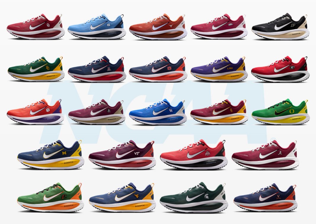Nike Vomero 18 NCAA collection showing multiple school colorways with mesh uppers and team-specific color blocking - detail view 1