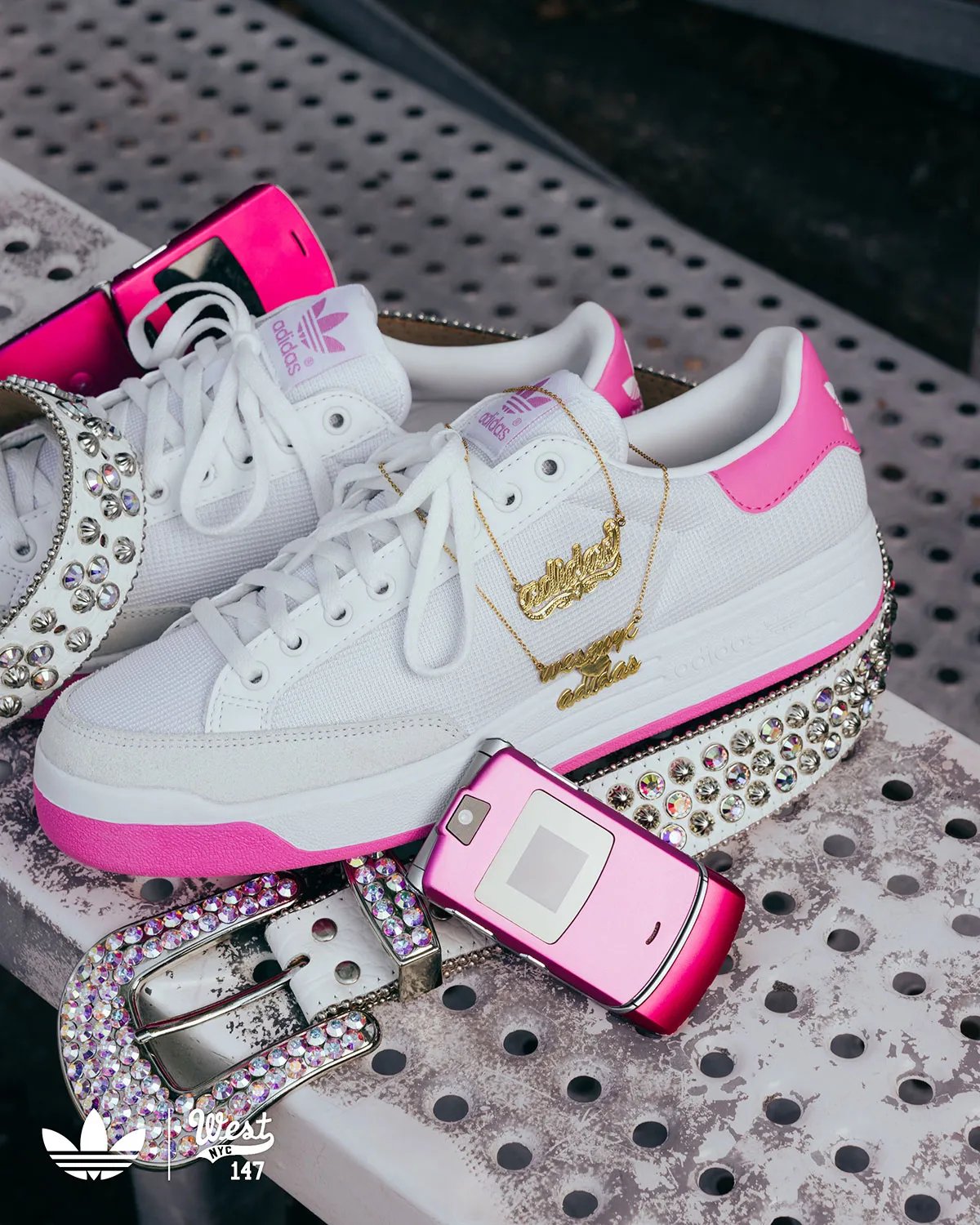 Adidas Rod Laver in hot pink with white mesh upper and pink heel tab, displayed from multiple angles - detail view 2