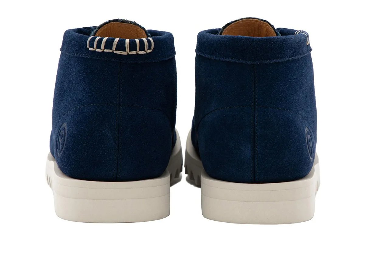 BAPE Manhunt Tabi Toe in navy suede with sashiko-inspired distressing and asymmetrical geometric print details - detail view 2