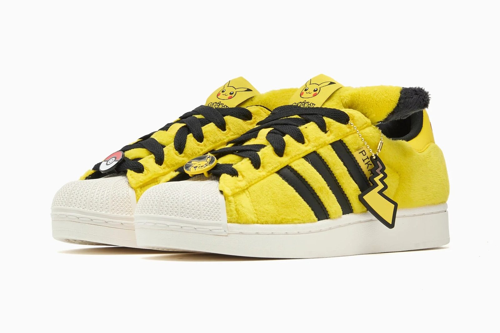 Pokémon x adidas Superstar 'Pikachu Yellow' featuring yellow upper with core black heel and accents, style code KI2858