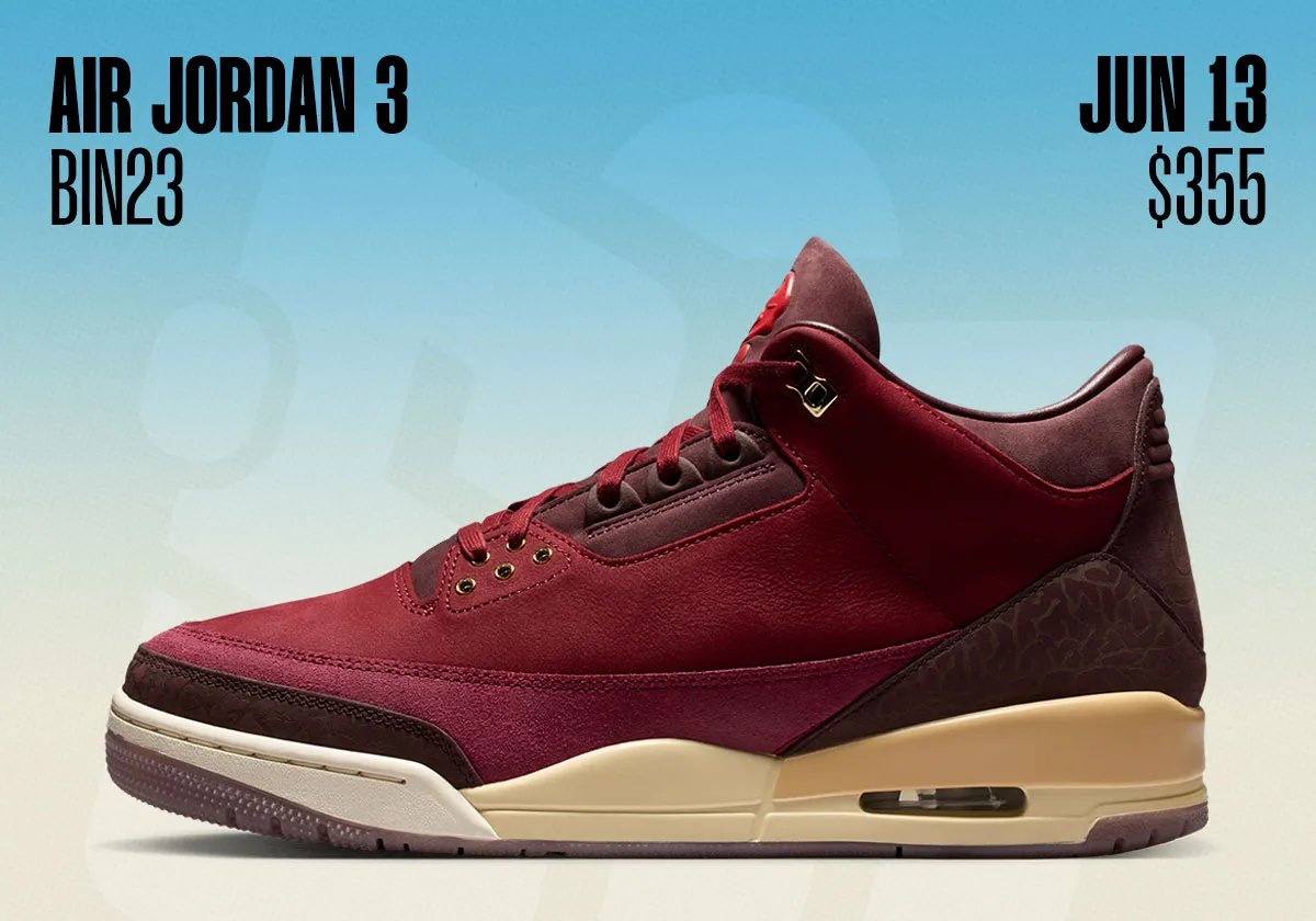 Air Jordan June 2026 release lineup featuring Air Jordan 1 Low Pine Green, Air Jordan 15 RE Black Muslin, and Air Jordan 3 Bin 23 Burgundy Crush - detail view 2