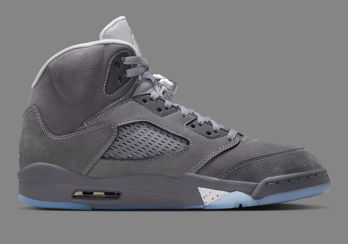 Air Jordan 5 Wolf Grey colorway, full side profile view showing shark-tooth midsole and lace-lock system - detail view 3