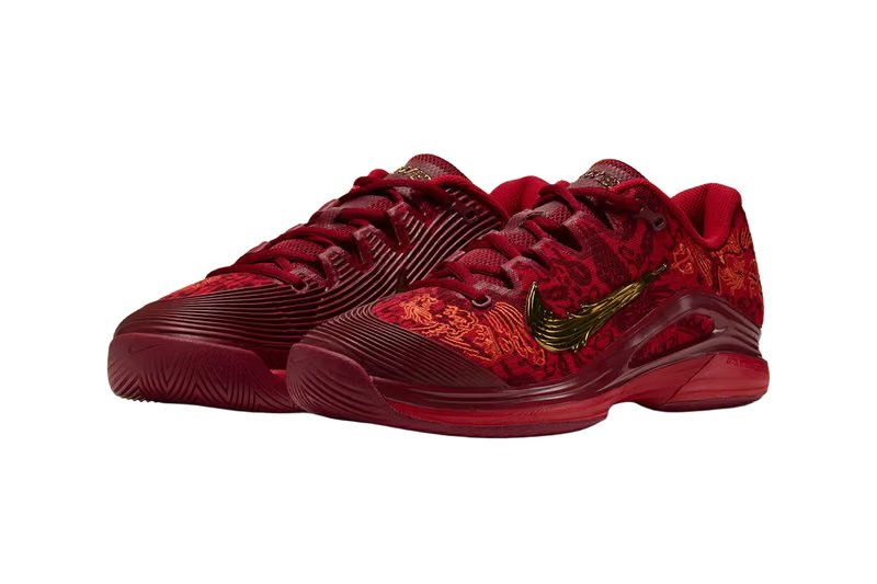Nike Zoom Vapor 12 PE for Zheng Qinwen in layered red and metallic gold colorway, player exclusive tennis shoe - detail view 1