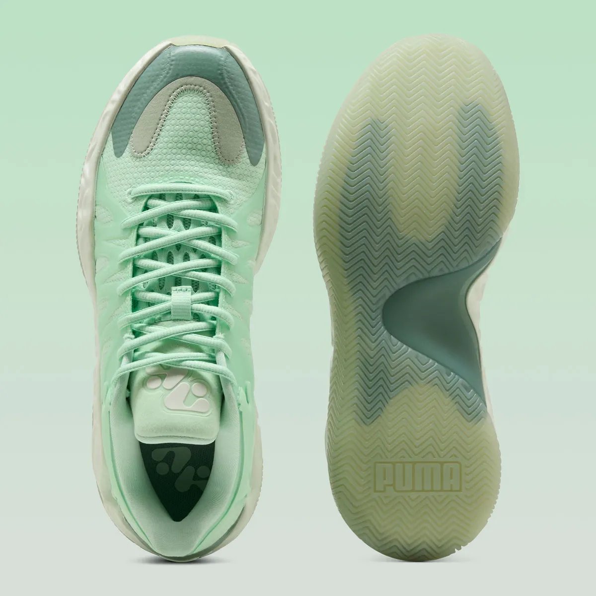 PUMA Hali 1 in wintergreen with semi-translucent upper and darkened traction pod - detail view 3