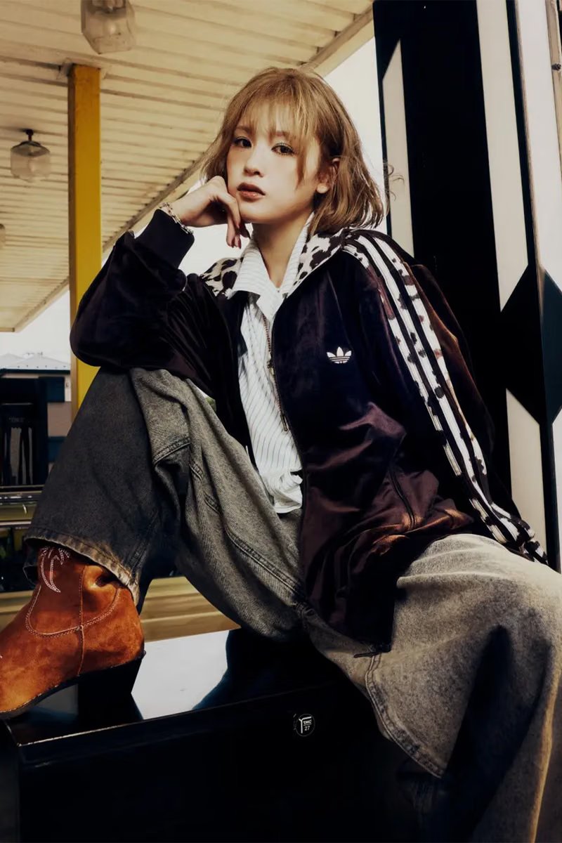 9090 x adidas Originals Track Jacket in Navy colorway with cow-print Three Stripes detail and velour construction - detail view 2