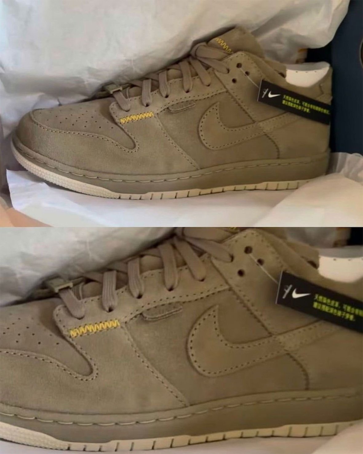 Union LA x Nike Dunk Low 'Bamboo' in olive suede with exposed stitching and folding heel detail - detail view 2