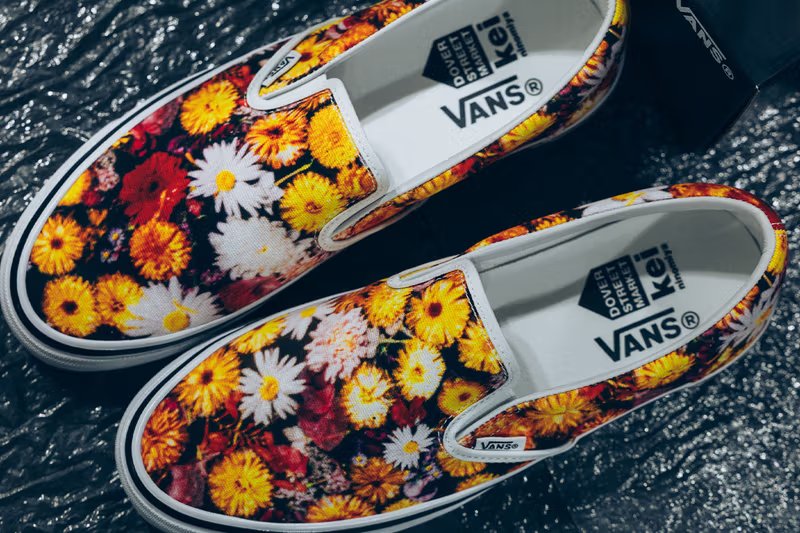 DSM Kei Ninomiya x Vans Slip-On collaboration with custom floral overlays and branded details - detail view 2