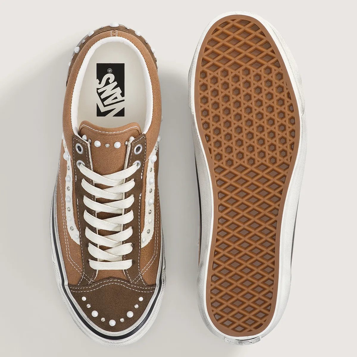 Vans Old Skool in Vintage Cocoa Brown with pearlized finish, showing side profile and iridescent detailing - detail view 2