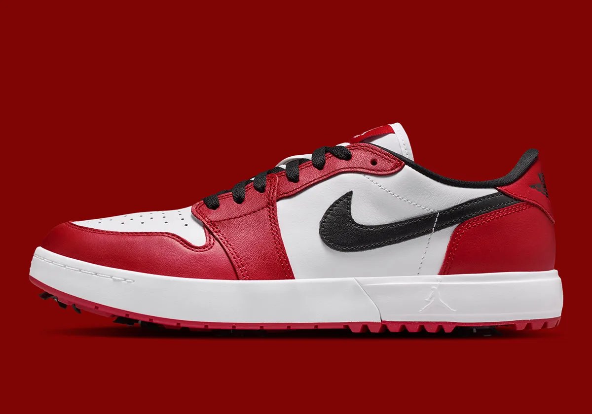 Air Jordan 1 Low Golf in Chicago red, white, and black colorway with golf-specific traction pattern and reinforced leather construction - detail view 1