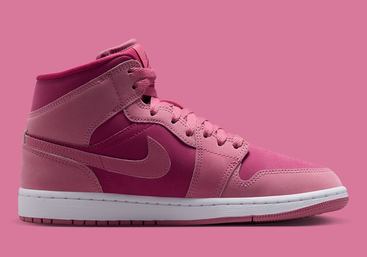 Air Jordan 1 Mid in Desert Berry and Sweet Beet colorway, showing mauve pink overlays and burgundy accents on the toe box and collar - detail view 3