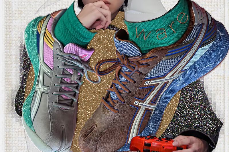 Kiko Kostadinov x ASICS LYASA FF II Tabi sneaker in Clay Grey/Jasper Green colorway, featuring split-toe tabi profile with brogue-inspired forefoot and trail-shoe heel construction