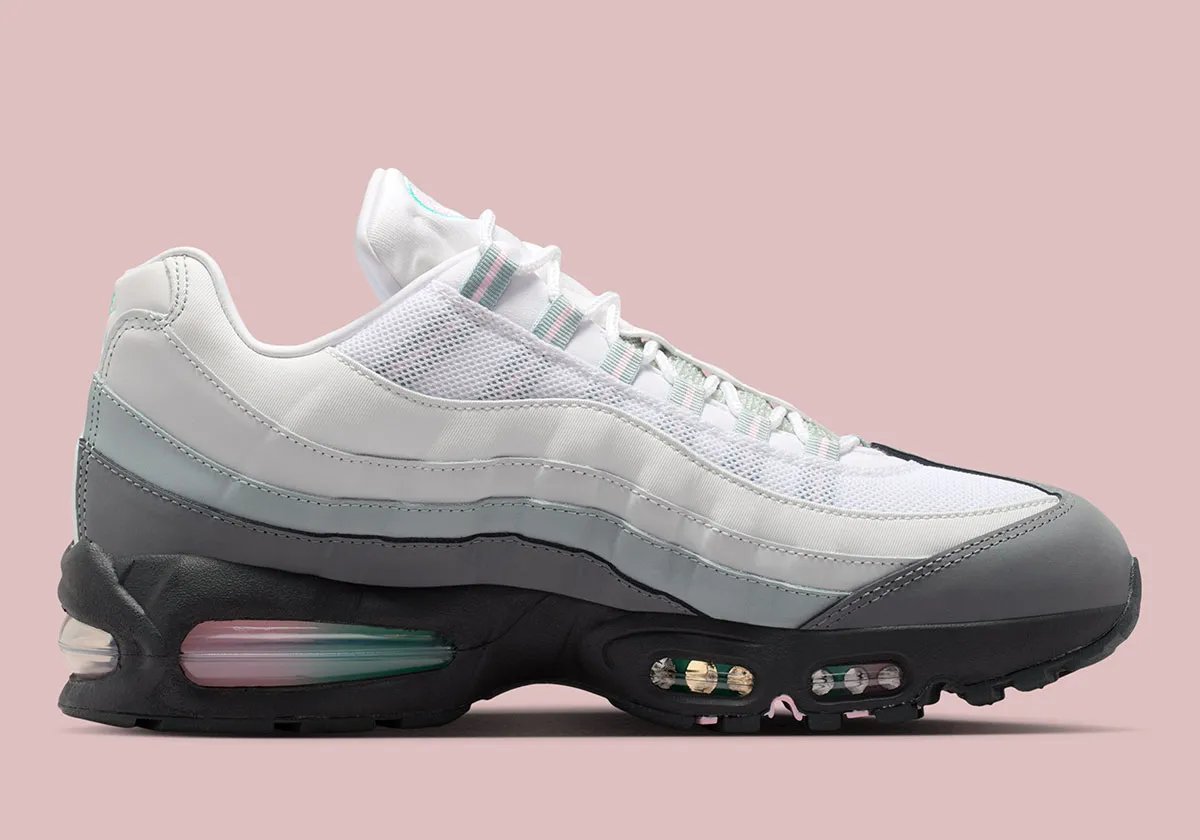 Nike Air Max 95 South Beach with white leather, gradient side paneling, and neon pink and teal accents - detail view 3