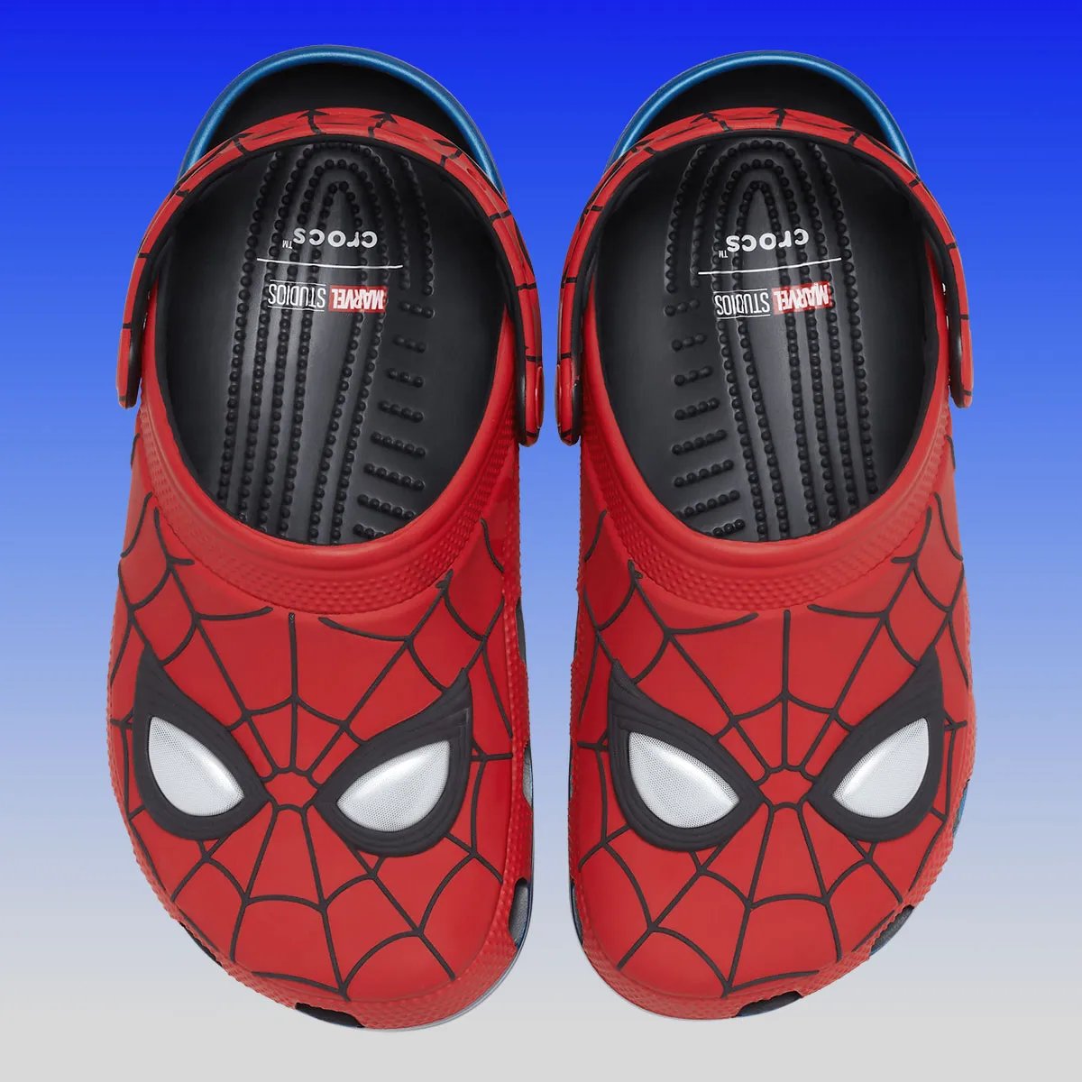 Crocs Classic Clog in red and blue Spider-Man Peter Parker colorway with web patterning and embroidered character eyes - detail view 3