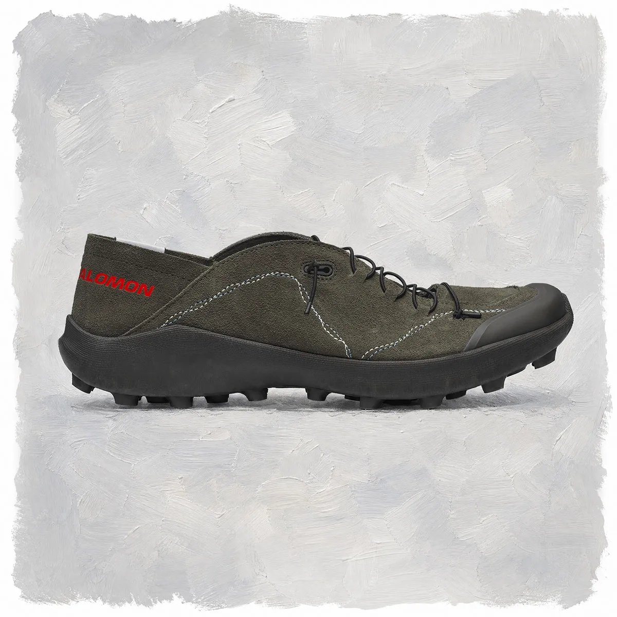 Broken Arm x Salomon Savát sneaker collaboration featuring minimalist leather upper and performance sole unit, shown in Cosmic Sky and Black Olive colorways - detail view 2