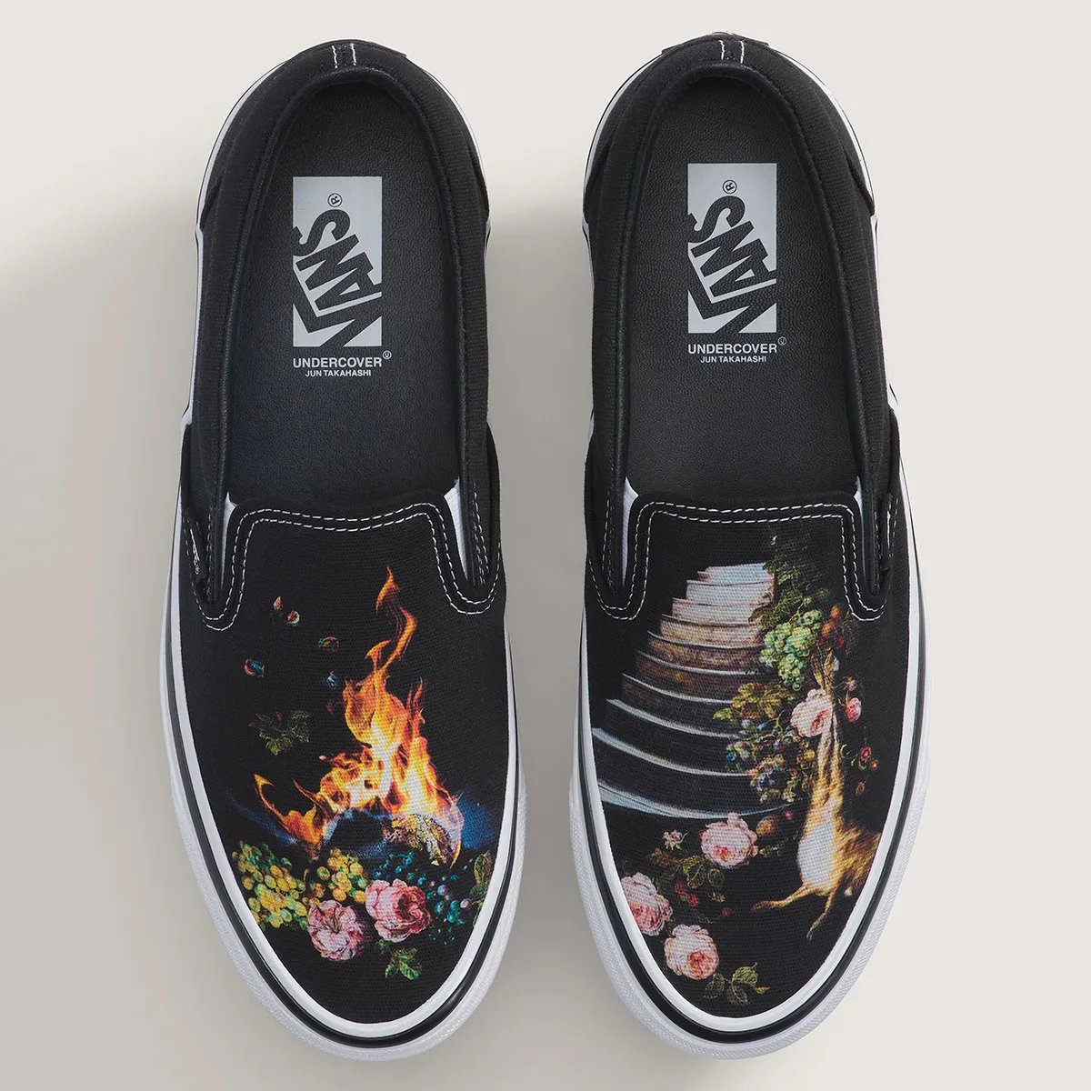 Vans x Undercover Slip-On featuring Emily Bennett painted artwork with flame and botanical motifs - detail view 1