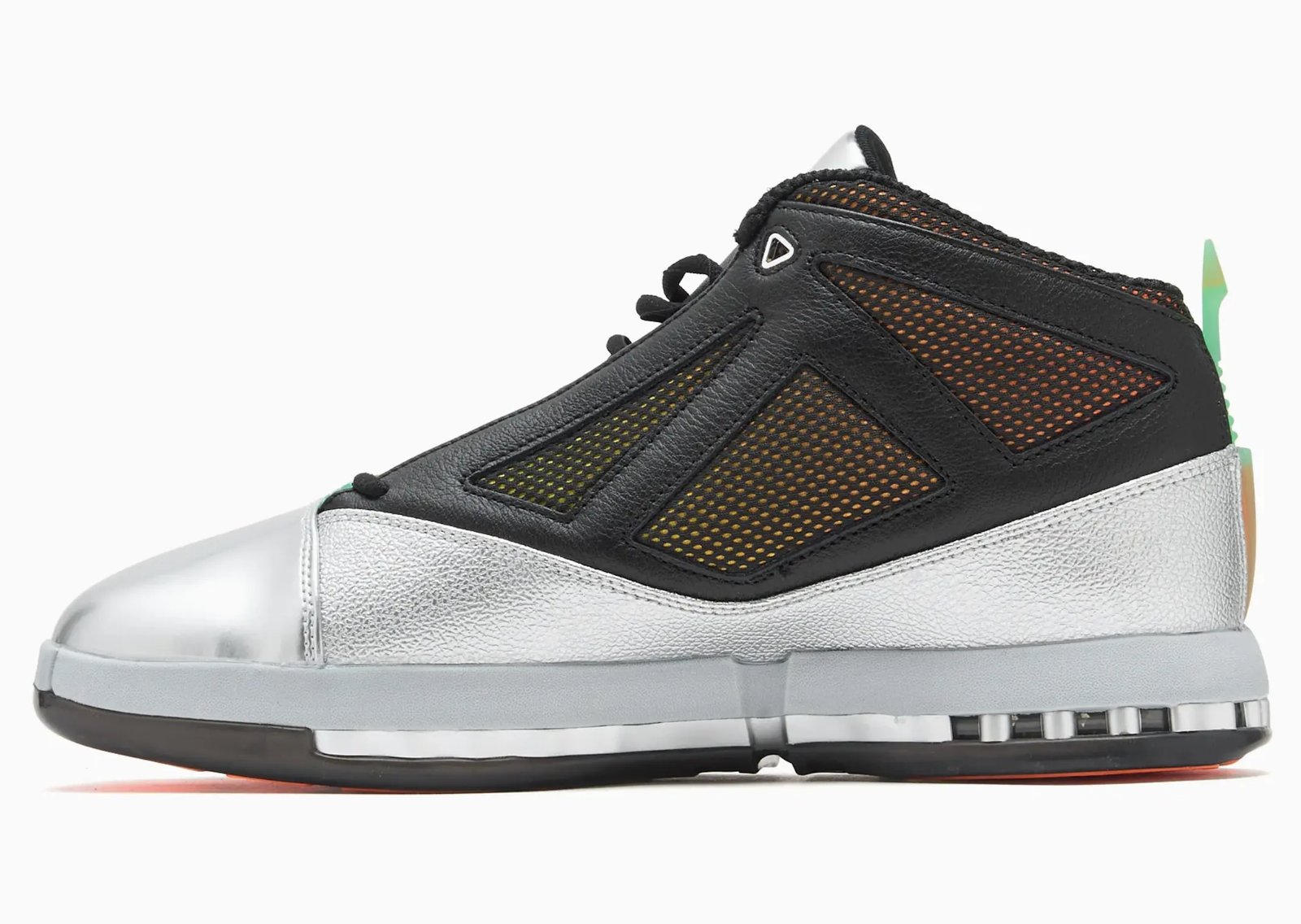 Free The Youth x Air Jordan 16 Retro with silver base, metallic chrome toebox, orange accents, and removable eagle-printed sheath - detail view 4